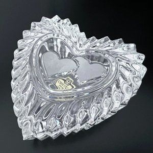 Vintage ZAJECAR 24% Lead Crystal Glass Frosted Double Heart Trinket Box With Lid